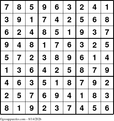 The grouppuzzles.com Answer grid for the Sudoku puzzle for Friday August 14, 2026