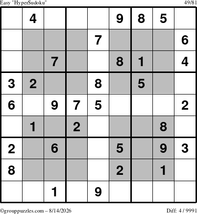 The grouppuzzles.com Easy HyperSudoku puzzle for Friday August 14, 2026