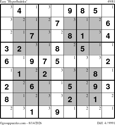 The grouppuzzles.com Easy HyperSudoku puzzle for Friday August 14, 2026 with the first 3 steps marked
