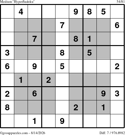 The grouppuzzles.com Medium HyperSudoku puzzle for Friday August 14, 2026