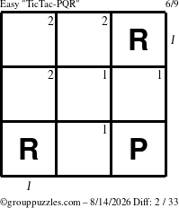 The grouppuzzles.com Easy TicTac-PQR puzzle for Friday August 14, 2026, suitable for printing, with all 2 steps marked