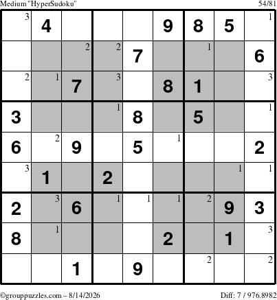 The grouppuzzles.com Medium HyperSudoku puzzle for Friday August 14, 2026 with the first 3 steps marked