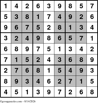 The grouppuzzles.com Answer grid for the HyperSudoku puzzle for Friday August 14, 2026