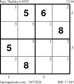 The grouppuzzles.com Easy Sudoku-4-5678 puzzle for Monday October 7, 2024 with all 3 steps marked