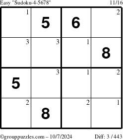 The grouppuzzles.com Easy Sudoku-4-5678 puzzle for Monday October 7, 2024 with the first 3 steps marked