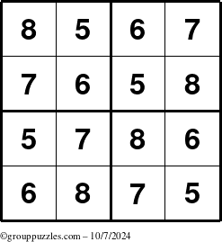 The grouppuzzles.com Answer grid for the Sudoku-4-5678 puzzle for Monday October 7, 2024