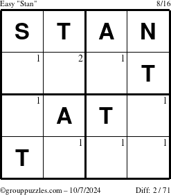 The grouppuzzles.com Easy Stan puzzle for Monday October 7, 2024 with the first 2 steps marked