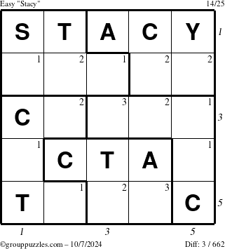 The grouppuzzles.com Easy Stacy puzzle for Monday October 7, 2024 with all 3 steps marked