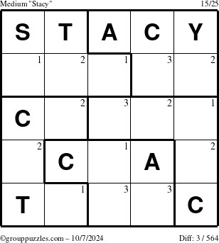 The grouppuzzles.com Medium Stacy puzzle for Monday October 7, 2024 with the first 3 steps marked