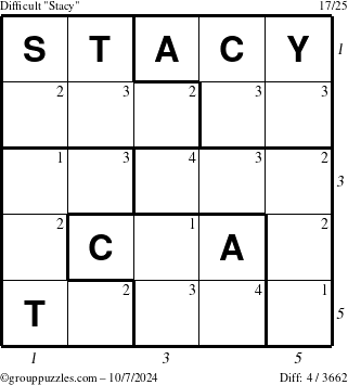 The grouppuzzles.com Difficult Stacy puzzle for Monday October 7, 2024 with all 4 steps marked