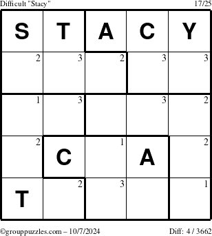 The grouppuzzles.com Difficult Stacy puzzle for Monday October 7, 2024 with the first 3 steps marked