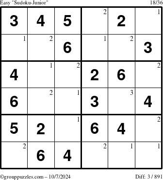 The grouppuzzles.com Easy Sudoku-Junior puzzle for Monday October 7, 2024 with the first 3 steps marked