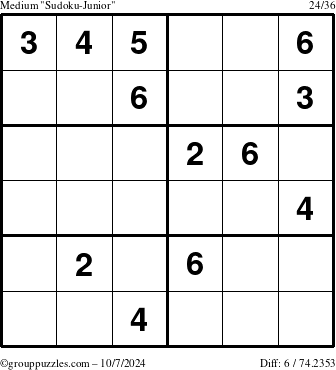 The grouppuzzles.com Medium Sudoku-Junior puzzle for Monday October 7, 2024