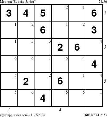 The grouppuzzles.com Medium Sudoku-Junior puzzle for Monday October 7, 2024 with all 6 steps marked