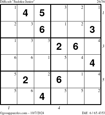 The grouppuzzles.com Difficult Sudoku-Junior puzzle for Monday October 7, 2024 with all 6 steps marked