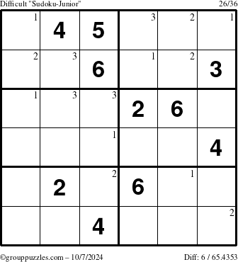 The grouppuzzles.com Difficult Sudoku-Junior puzzle for Monday October 7, 2024 with the first 3 steps marked