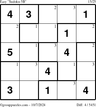 The grouppuzzles.com Easy Sudoku-5B puzzle for Monday October 7, 2024 with the first 3 steps marked