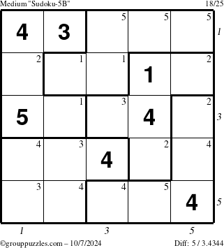 The grouppuzzles.com Medium Sudoku-5B puzzle for Monday October 7, 2024, suitable for printing, with all 5 steps marked