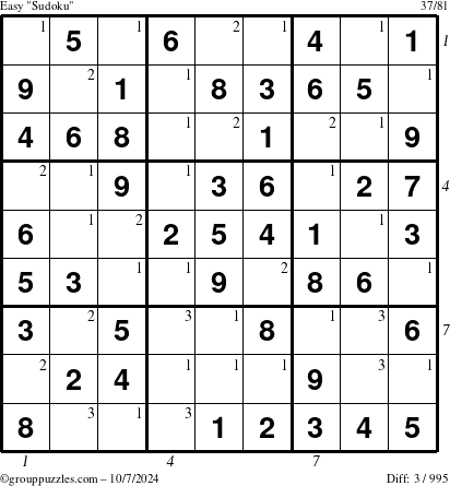 The grouppuzzles.com Easy Sudoku puzzle for Monday October 7, 2024 with all 3 steps marked