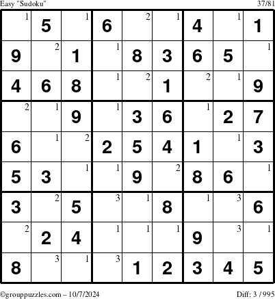 The grouppuzzles.com Easy Sudoku puzzle for Monday October 7, 2024 with the first 3 steps marked