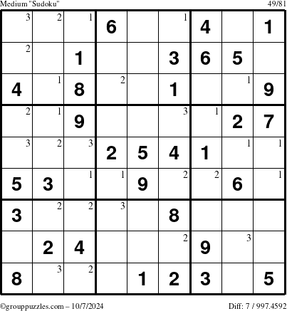 The grouppuzzles.com Medium Sudoku puzzle for Monday October 7, 2024 with the first 3 steps marked