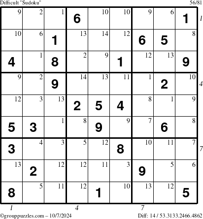 The grouppuzzles.com Difficult Sudoku puzzle for Monday October 7, 2024 with all 14 steps marked