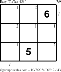 The grouppuzzles.com Easy TicTac-456 puzzle for Monday October 7, 2024 with all 2 steps marked