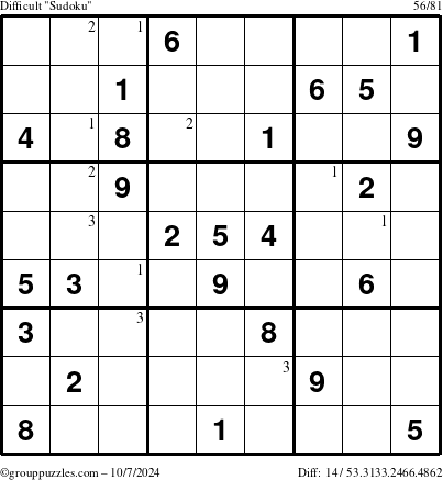 The grouppuzzles.com Difficult Sudoku puzzle for Monday October 7, 2024 with the first 3 steps marked