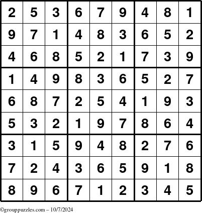 The grouppuzzles.com Answer grid for the Sudoku puzzle for Monday October 7, 2024