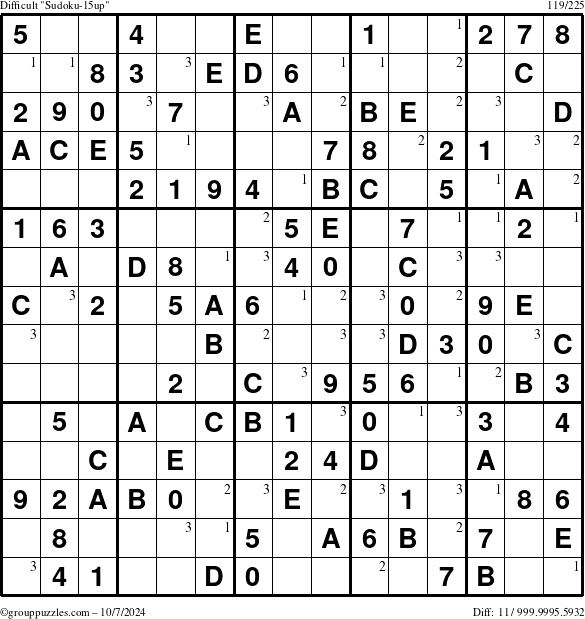 The grouppuzzles.com Difficult Sudoku-15up puzzle for Monday October 7, 2024 with the first 3 steps marked