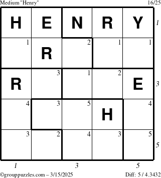 The grouppuzzles.com Medium Henry puzzle for Saturday March 15, 2025, suitable for printing, with all 5 steps marked