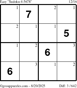 The grouppuzzles.com Easy Sudoku-4-5678 puzzle for Wednesday August 20, 2025 with the first 3 steps marked