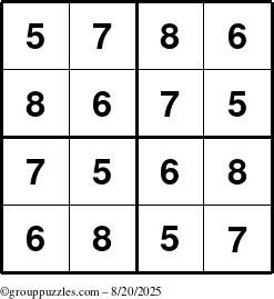 The grouppuzzles.com Answer grid for the Sudoku-4-5678 puzzle for Wednesday August 20, 2025