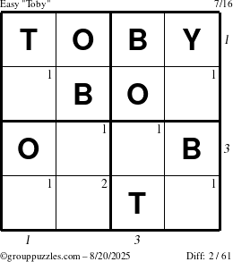 The grouppuzzles.com Easy Toby puzzle for Wednesday August 20, 2025 with all 2 steps marked