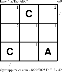 The grouppuzzles.com Easy TicTac-ABC puzzle for Wednesday August 20, 2025 with all 2 steps marked