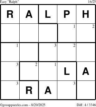 The grouppuzzles.com Easy Ralph puzzle for Wednesday August 20, 2025 with the first 3 steps marked