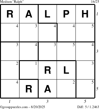 The grouppuzzles.com Medium Ralph puzzle for Wednesday August 20, 2025 with all 5 steps marked