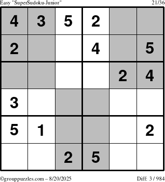 The grouppuzzles.com Easy SuperSudoku-Junior puzzle for Wednesday August 20, 2025