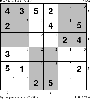 The grouppuzzles.com Easy SuperSudoku-Junior puzzle for Wednesday August 20, 2025 with all 3 steps marked