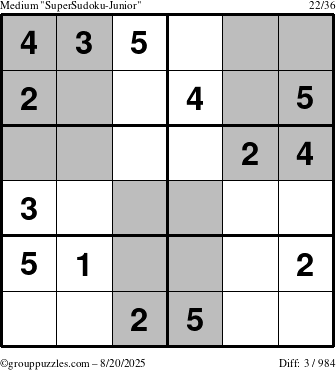 The grouppuzzles.com Medium SuperSudoku-Junior puzzle for Wednesday August 20, 2025