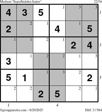 The grouppuzzles.com Medium SuperSudoku-Junior puzzle for Wednesday August 20, 2025 with all 3 steps marked
