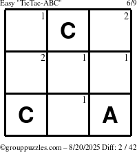 The grouppuzzles.com Easy TicTac-ABC puzzle for Wednesday August 20, 2025 with the first 2 steps marked