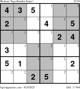 The grouppuzzles.com Medium SuperSudoku-Junior puzzle for Wednesday August 20, 2025 with the first 3 steps marked