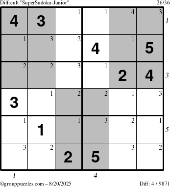 The grouppuzzles.com Difficult SuperSudoku-Junior puzzle for Wednesday August 20, 2025 with all 4 steps marked