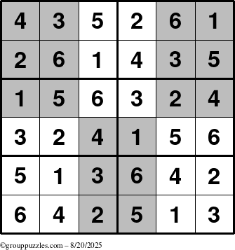 The grouppuzzles.com Answer grid for the SuperSudoku-Junior puzzle for Wednesday August 20, 2025