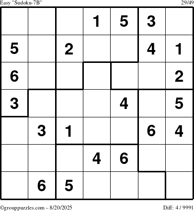 The grouppuzzles.com Easy Sudoku-7B puzzle for Wednesday August 20, 2025
