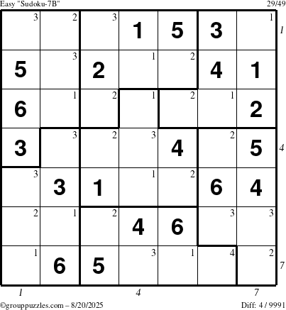 The grouppuzzles.com Easy Sudoku-7B puzzle for Wednesday August 20, 2025 with all 4 steps marked