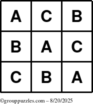 The grouppuzzles.com Answer grid for the TicTac-ABC puzzle for Wednesday August 20, 2025