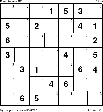 The grouppuzzles.com Easy Sudoku-7B puzzle for Wednesday August 20, 2025 with the first 3 steps marked