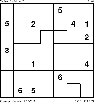The grouppuzzles.com Medium Sudoku-7B puzzle for Wednesday August 20, 2025